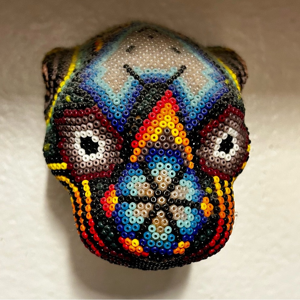 Huichol Mexican wild cat leopard Colorful Beaded Animal Head Decor good cond